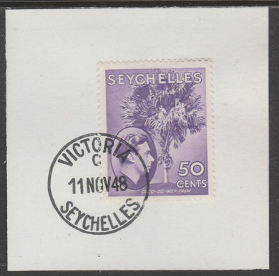 Seychelles 1938 KG6 50c reddish-violet on piece cancelled with full strike of Madame Joseph forged postmark type 389