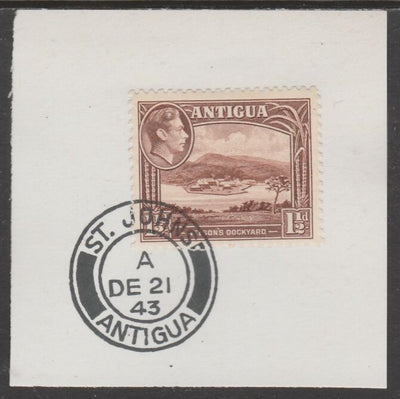 Antigua 1938 KG6 1.5d brown on piece with full strike of Madame Joseph forged postmark type 18