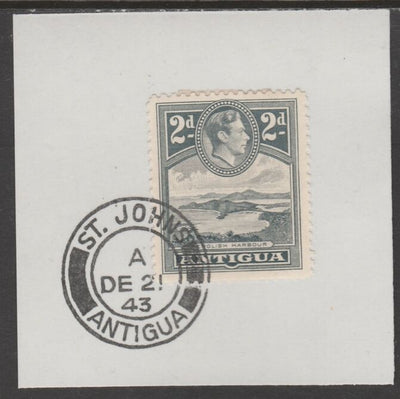 Antigua 1938 KG6 2d grey on piece with full strike of Madame Joseph forged postmark type 18