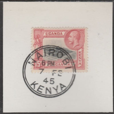 Kenya, Uganda & Tanganyika 1935 KG5 15c black & scarlet on piece cancelled with full strike of Madame Joseph forged postmark type 226