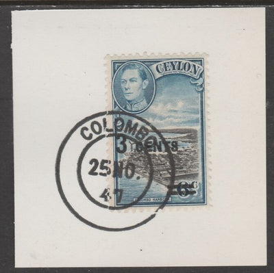 Ceylon 1940 KG6 surcharged 3c on 6c on piece cancelled with full strike of Madame Joseph forged postmark type 122