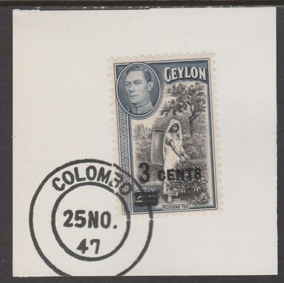 Ceylon 1940 KG6 surcharged 3c on 20c on piece cancelled with full strike of Madame Joseph forged postmark type 122
