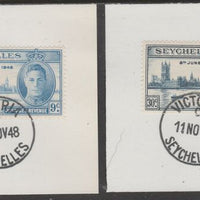 Seychelles 1946 KG6 Victory set of 2 each on individual piece cancelled with full strike of Madame Joseph forged postmark type 158