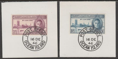 Gilbert & Ellice Islands 1946 KG6 Victory set of 2 each on individual piece cancelled with full strike of Madame Joseph forged postmark type 193