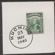 Sarawak 1934 Sir Charles Brooke 2c green on piece cancelled with full strike of Madame Joseph forged postmark type 378