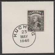 Sarawak 1934 Sir Charles Brooke 2c black on piece cancelled with full strike of Madame Joseph forged postmark type 378