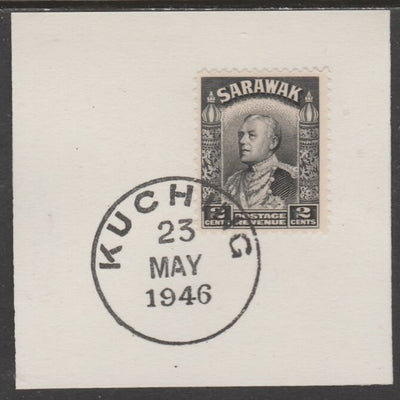 Sarawak 1934 Sir Charles Brooke 2c black on piece cancelled with full strike of Madame Joseph forged postmark type 378