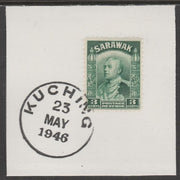 Sarawak 1934 Sir Charles Brooke 3c green on piece cancelled with full strike of Madame Joseph forged postmark type 378