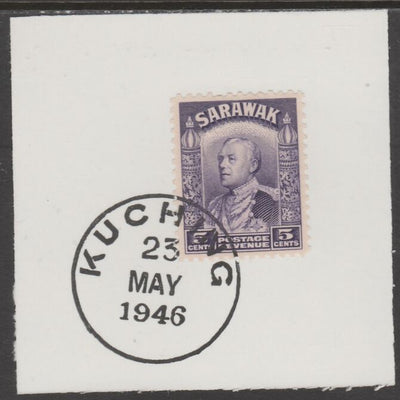 Sarawak 1934 Sir Charles Brooke 5c violet on piece cancelled with full strike of Madame Joseph forged postmark type 378