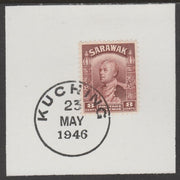 Sarawak 1934 Sir Charles Brooke 8c red-brown on piece cancelled with full strike of Madame Joseph forged postmark type 378