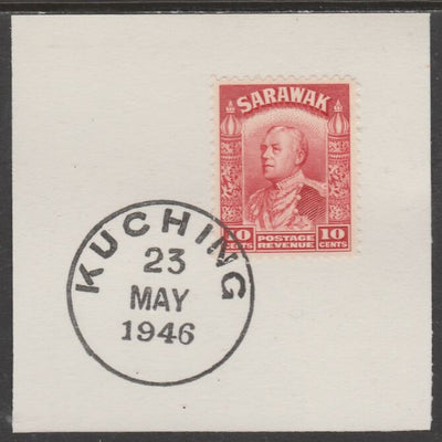 Sarawak 1934 Sir Charles Brooke 10c scarlet on piece cancelled with full strike of Madame Joseph forged postmark type 378