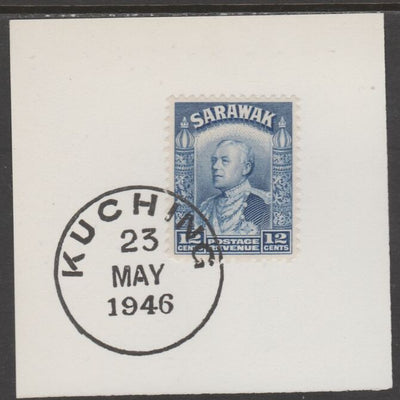 Sarawak 1934 Sir Charles Brooke 12c blue on piece cancelled with full strike of Madame Joseph forged postmark type 378