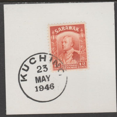 Sarawak 1934 Sir Charles Brooke 12c orange on piece cancelled with full strike of Madame Joseph forged postmark type 378
