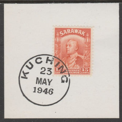 Sarawak 1934 Sir Charles Brooke 15c orange on piece cancelled with full strike of Madame Joseph forged postmark type 378