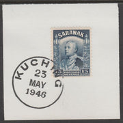 Sarawak 1934 Sir Charles Brooke 15c blue on piece cancelled with full strike of Madame Joseph forged postmark type 378