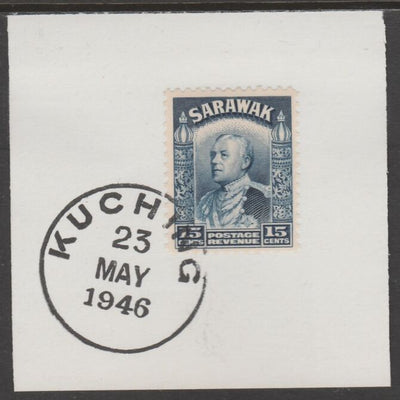 Sarawak 1934 Sir Charles Brooke 15c blue on piece cancelled with full strike of Madame Joseph forged postmark type 378