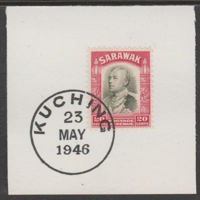 Sarawak 1934 Sir Charles Brooke 20c olive & carmine on piece cancelled with full strike of Madame Joseph forged postmark type 378