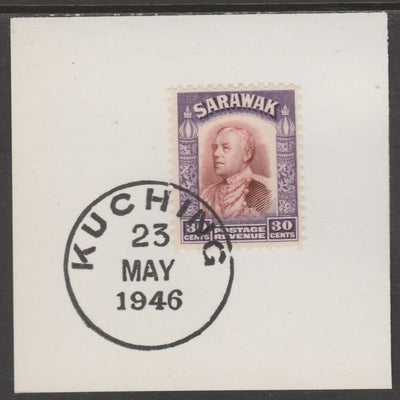 Sarawak 1934 Sir Charles Brooke 30c red-brown & violet on piece cancelled with full strike of Madame Joseph forged postmark type 378