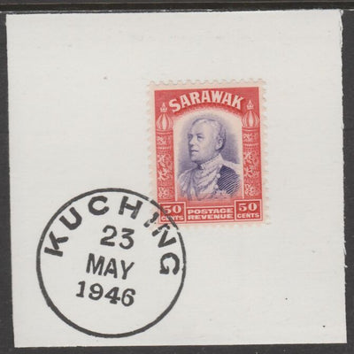 Sarawak 1934 Sir Charles Brooke 50c violet & scarlet on piece cancelled with full strike of Madame Joseph forged postmark type 378