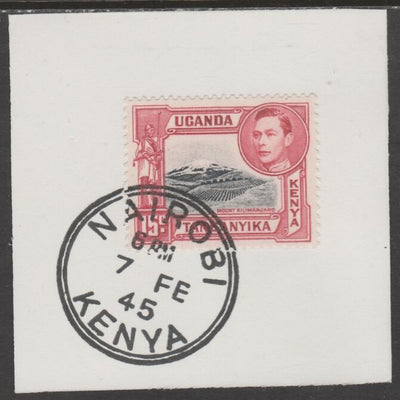 Kenya, Uganda & Tanganyika 1938 KG6 15c,black & red on piece cancelled with full strike of Madame Joseph forged postmark type 226