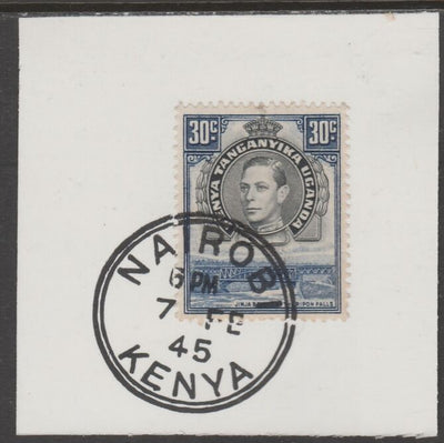 Kenya, Uganda & Tanganyika 1938 KG6 30c,black & violet-blue on piece cancelled with full strike of Madame Joseph forged postmark type 226