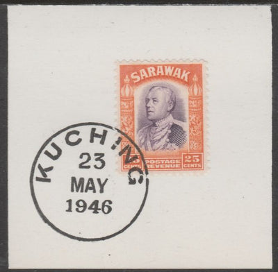 Sarawak 1934 Sir Charles Brooke 25c violet & orange on piece cancelled with full strike of Madame Joseph forged postmark type 378