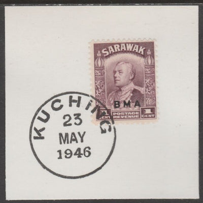Sarawak 1945 BMA overprint on Sir Charles Brooke 1c on piece cancelled with full strike of Madame Joseph forged postmark type 378