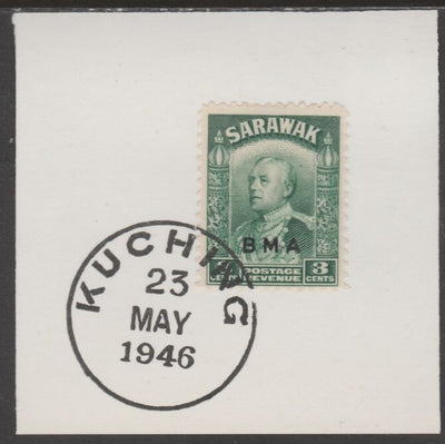 Sarawak 1945 BMA overprint on Sir Charles Brooke 3c on piece cancelled with full strike of Madame Joseph forged postmark type 378
