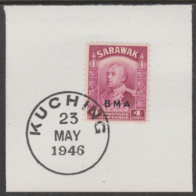 Sarawak 1945 BMA overprint on Sir Charles Brooke 4c on piece cancelled with full strike of Madame Joseph forged postmark type 378
