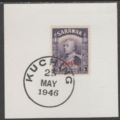 Sarawak 1945 BMA overprint on Sir Charles Brooke 5c on piece cancelled with full strike of Madame Joseph forged postmark type 378