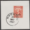 Sarawak 1945 BMA overprint on Sir Charles Brooke 12c on piece cancelled with full strike of Madame Joseph forged postmark type 378