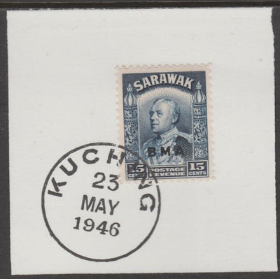 Sarawak 1945 BMA overprint on Sir Charles Brooke 15c on piece cancelled with full strike of Madame Joseph forged postmark type 378