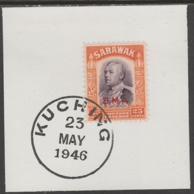 Sarawak 1945 BMA overprint on Sir Charles Brooke 25c on piece cancelled with full strike of Madame Joseph forged postmark type 378