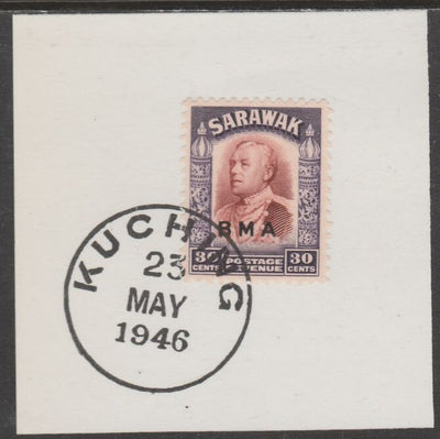 Sarawak 1945 BMA overprint on Sir Charles Brooke 30c on piece cancelled with full strike of Madame Joseph forged postmark type 378