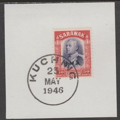 Sarawak 1945 BMA overprint on Sir Charles Brooke 50c on piece cancelled with full strike of Madame Joseph forged postmark type 378