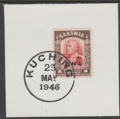Sarawak 1945 BMA overprint on Sir Charles Brooke $1 on piece cancelled with full strike of Madame Joseph forged postmark type 378