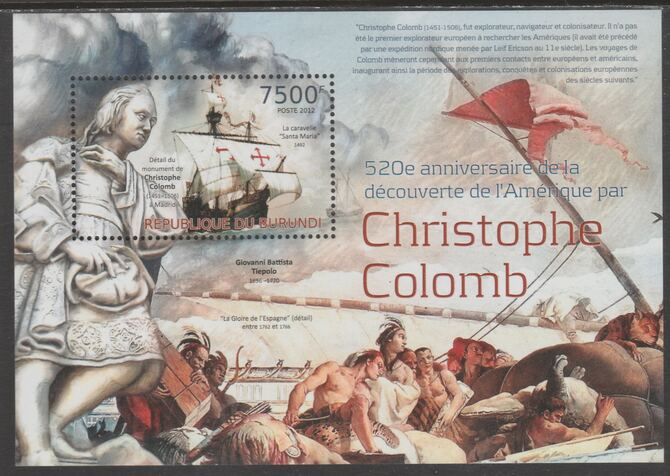 Burundi 2012 Christopher Columbus 350th Anniversary perf souvenir sheet,containing 1 value unmounted mint.