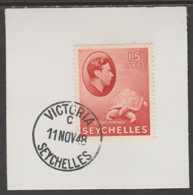 Seychelles 1938 KG6 15c brown-carmine on piece cancelled with full strike of Madame Joseph forged postmark type 389