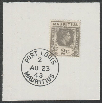 Mauritius 1938 KG6 2c olive-grey on piece cancelled with full strike of Madame Joseph forged postmark type 255