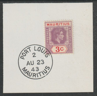 Mauritius 1938 KG6 3c reddish-purple & scarlet on piece cancelled with full strike of Madame Joseph forged postmark type 255