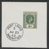 Mauritius 1938 KG6 4c dull green on piece cancelled with full strike of Madame Joseph forged postmark type 255