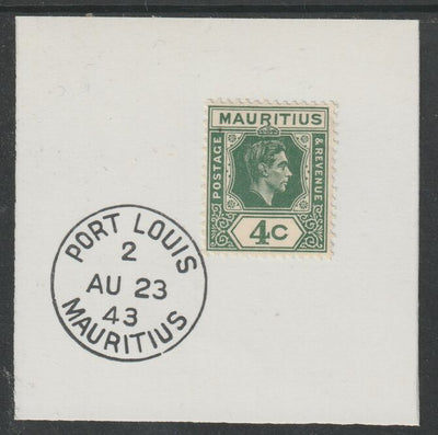 Mauritius 1938 KG6 4c dull green on piece cancelled with full strike of Madame Joseph forged postmark type 255