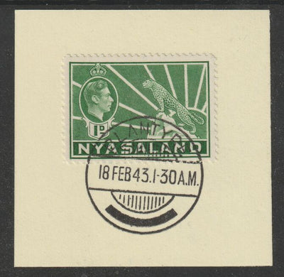 Nyasaland 1938-44 KG6 Leopard Symbol 1d green SG 131b on piece with full strike of Madame Joseph forged postmark type 317