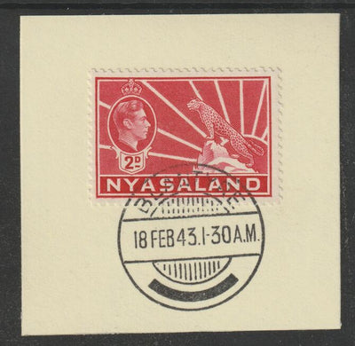 Nyasaland 1938-44 KG6 Leopard Symbol 2d carmine SG 133a on piece with full strike of Madame Joseph forged postmark type 317