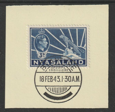 Nyasaland 1938-44 KG6 Leopard Symbol 3d blue SG 134 on piece with full strike of Madame Joseph forged postmark type 317