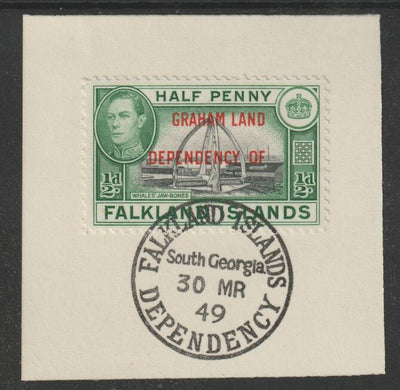 Falkland Islands Dependencies - Graham Land 1944 overprint on KG6 Pictorial 1/2d (SG A1) on piece with full strike of Madame Joseph forged postmark type 158
