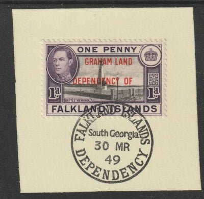 Falkland Islands Dependencies - Graham Land 1944 overprint on KG6 Pictorial 1d (SG A2) on piece with full strike of Madame Joseph forged postmark type 158