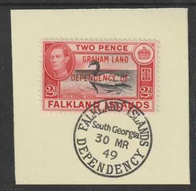 Falkland Islands Dependencies - Graham Land 1944 overprint on KG6 Pictorial 2d (SG A3) on piece with full strike of Madame Joseph forged postmark type 158