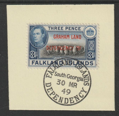 Falkland Islands Dependencies - Graham Land 1944 overprint on KG6 Pictorial 3d (SG A4) on piece with full strike of Madame Joseph forged postmark type 158
