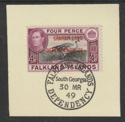Falkland Islands Dependencies - Graham Land 1944 overprint on KG6 Pictorial 4d (SG A5) on piece with full strike of Madame Joseph forged postmark type 158
